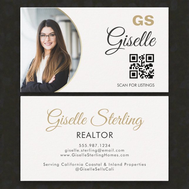 Carte De Visite  Realtor Neutral Gold Photo Monogram QR Code  (Créateur téléchargé)