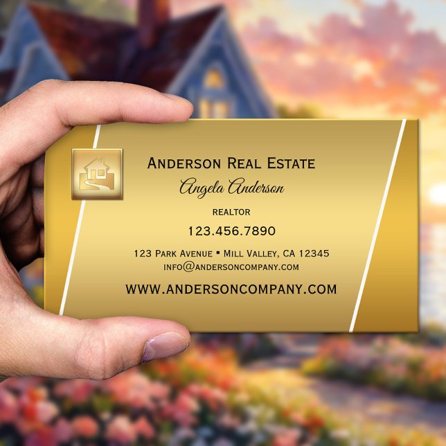 Carte de visite Realtor professionnelle avec logo  (Business card showing your logo on a modern gold background - real estate agency - housing - realtor)