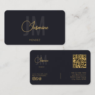 Carte De Visite Realtor QR Monogramme Moderne Or Noir Indigo Profo