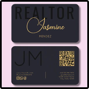 Carte De Visite Realtor QR Monogramme Moderne Or Noir Indigo Profo