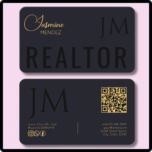 Carte De Visite Realtor QR Monogramme Moderne Or Noir Indigo Profo