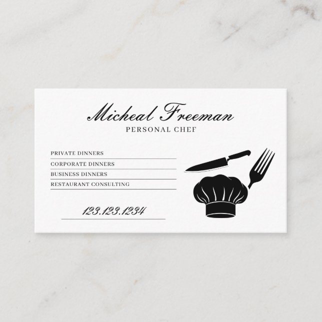 Carte De Visite Recette minimale noire et blanche Chef personnel (Devant)