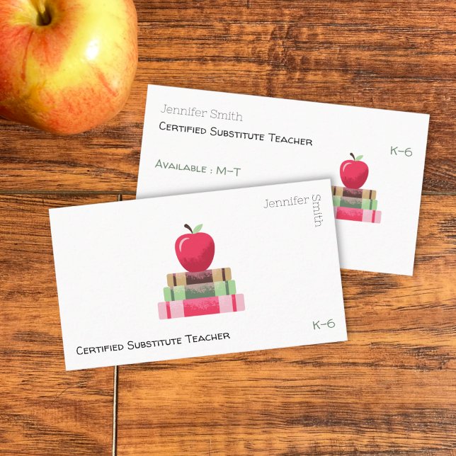Carte De Visite Red Apple and Books Modern Tutor Business Card (Red apple on book educator white double-sided business card .)