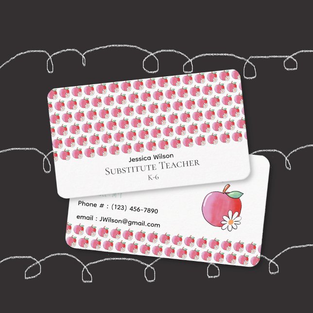 Carte De Visite Red Apple and Daisy Pattern Teacher Business Card (Red apple and daisy pattern double-sided rounded business cards for educators .)