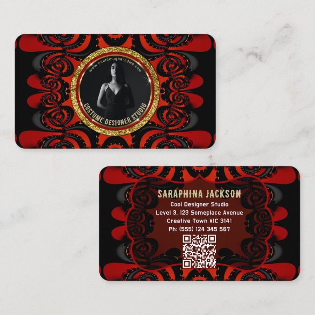 Carte De Visite Red Black + Gold Funky Gothic Creative (Devant / Derrière)