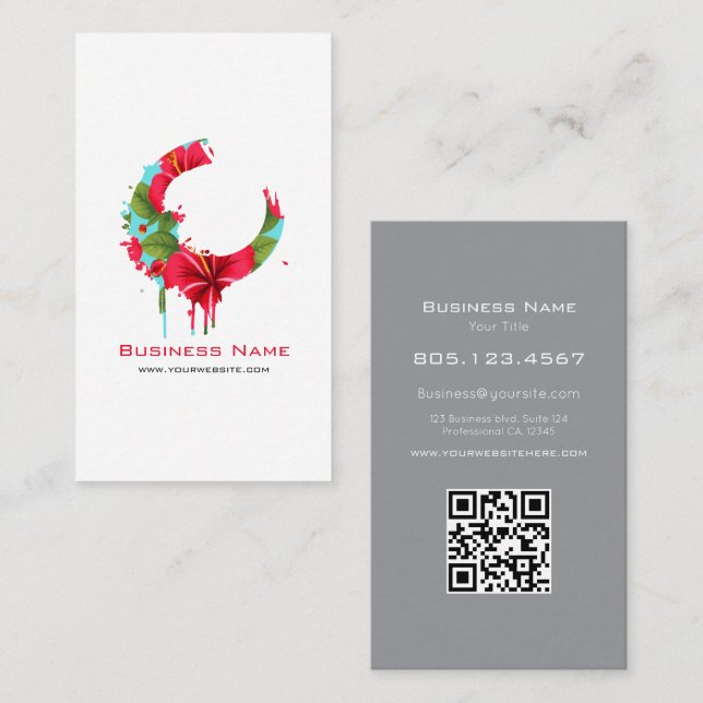 Carte De Visite Red Hibiscus Floral Paint Swirl Design • Custom (Devant / Derrière)