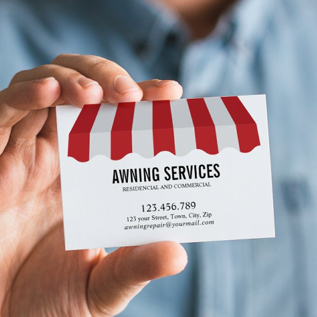 Carte De Visite Red White Awning Services Cleaning Professionnel (Eye-Catching Red and White Awning Business Card with list of service)