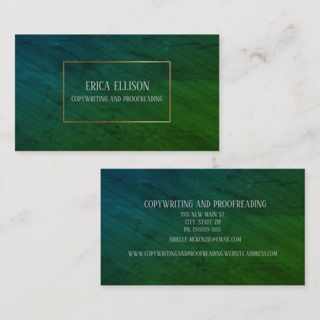 Carte De Visite Rédaction élégante professionnelle bleu vert or (Devant / Derrière)