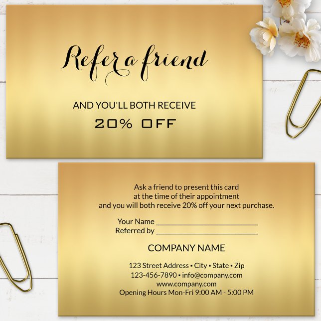 Carte de visite Référence Or Tell A Friend (Elegant referral business card featuring a minimalist gold printed design.)