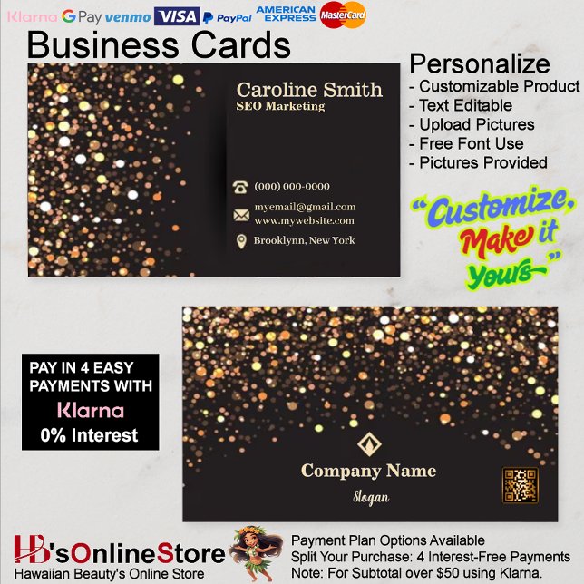 Carte De Visite Référencement Marketing Code QR élégant doré et no (SEO Marketing Elegant Gold & Black Glitter QR Code Business Card 34.)