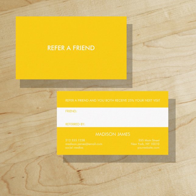 Carte De Visite Référez un ami | Gras Jaune Doré Tropical Minimali ("Everyday is abundantly beautiful." 
Sincerely Best Wishes from Lucky Design World)