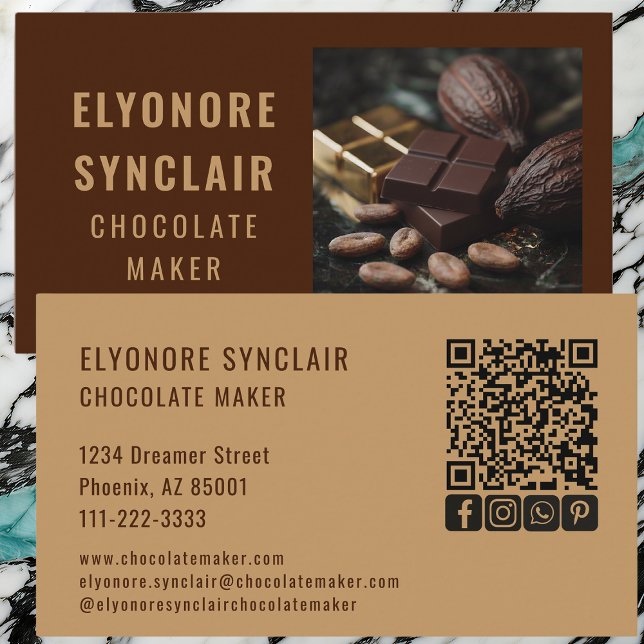 Carte De Visite Refined Brown Chocolate Maker Photo Social QR Code (Créateur téléchargé)