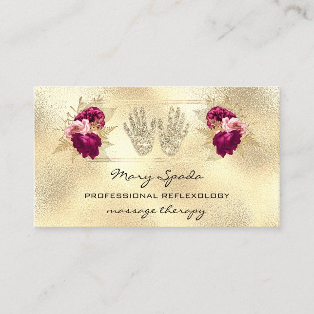 Carte De Visite Réflexologie Massage Reiki Mains Or QRCode Wreath (Devant)