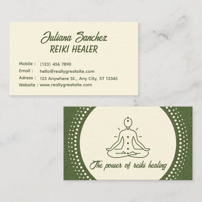 Carte de visite Reiki crème et verte  (Devant / Derrière)