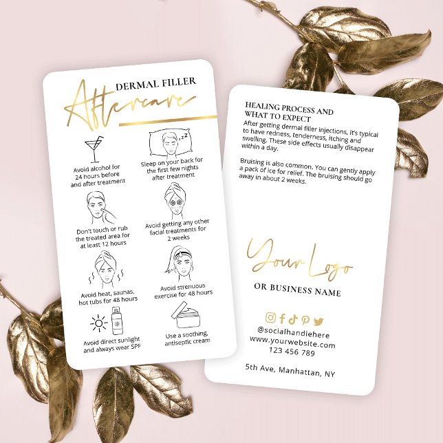 Carte De Visite Remplir les instructions après soin Beauté Facial  (Dermal filler after care instructions cards with faux gold details and space for your logo)