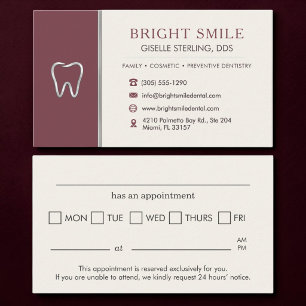 Carte De Visite Rendez-vous chez le dentiste en métallisé bordeaux