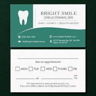 Carte De Visite Rendez-vous de dentisterie verte au cabinet dentai