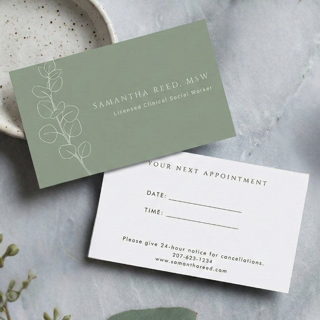 Carte De Visite Rendez-vous de thérapeute au vert sauge et eucalyp (Sage Green White Botanical Modern Elegant Appointment Reminder Card)