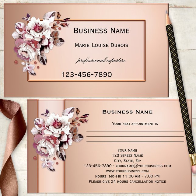 Carte de visite rendez-vous florale en rose gold c (Appointment business card in chic rose gold or red copper metallic with elegant vintage flowers)