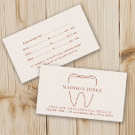 Carte De Visite Rendez-vous pour dentiste en terre cuite de classe<br><div class="desc">Ce design élégant et élégant de carte de rendez-vous dentaire comporte un contour de dent en Terracotta avec votre nom et votre pratique. Le dos de la carte comporte une zone pour les détails de rendez-vous des patients. Vous pouvez customiser plus loin en cliquant sur le bouton "PERSONNALISER".</div>