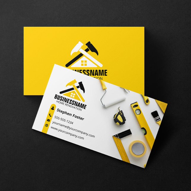 Carte De Visite Rénovation de maison jaune professionnel Construct (Créateur téléchargé)