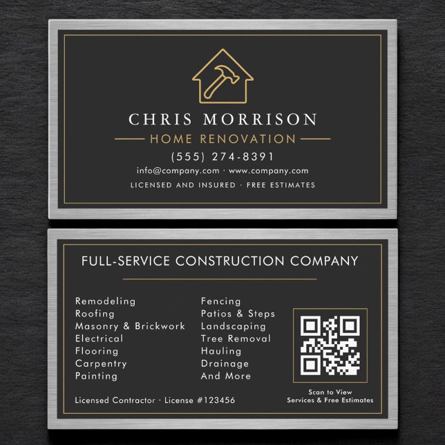 Carte de visite rénovation maison en acier noir QR (Créateur téléchargé)