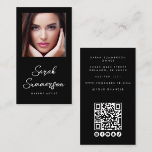 Carte De Visite Réseau social QR Photo Maquillage Noir Blanc