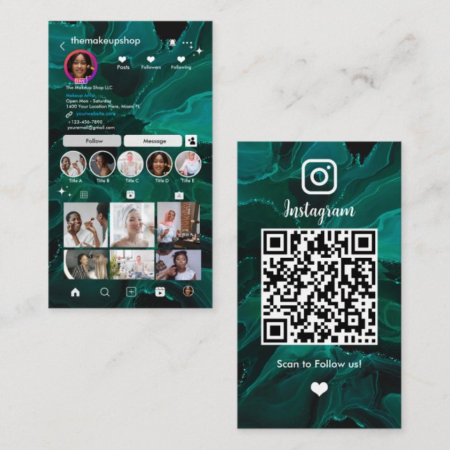 Carte de visite Réseaux Sociaux Code QR Marbre Ver (Devant / Derrière)