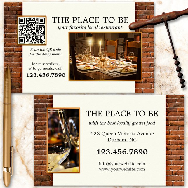 Carte de visite restaurant avec photo QR Code (Restaurant business card with your custom photos and QR code on a simple chic background)