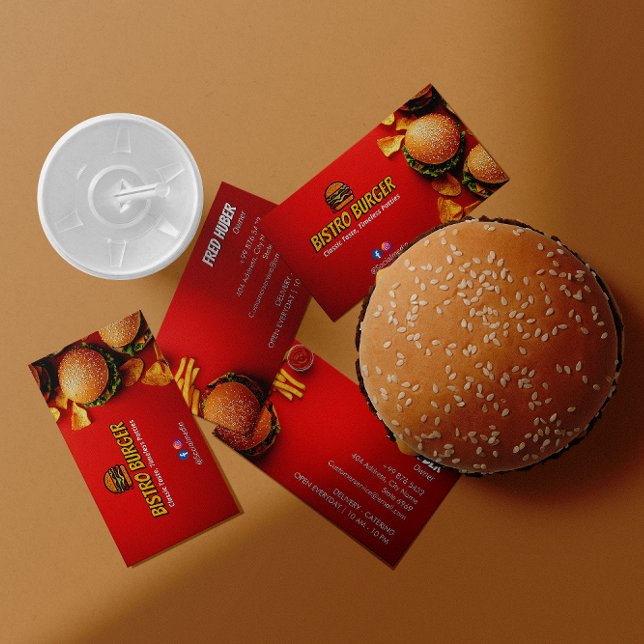 Carte De Visite Restaurant Burger Business | Rouge clair minimalis (Créateur téléchargé)