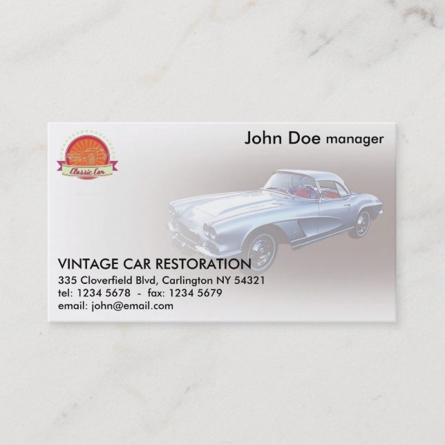 Carte De Visite Restauration 1962 de voiture de Chevy Corvette de (Devant)