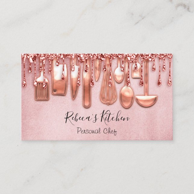 Carte De Visite Restauration Chef Personnel Cuisine Couteaux Rose  (Devant)