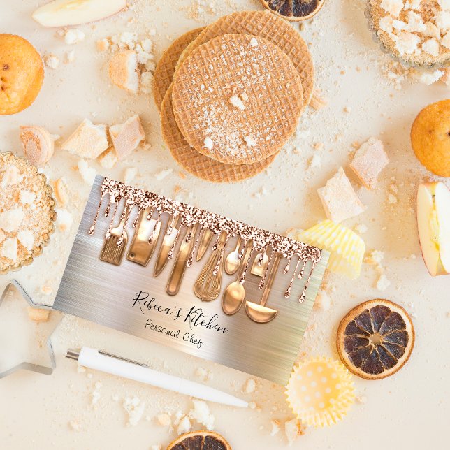 Carte De Visite Restauration Chef Personnel Cuisine Couteaux Rose  (Catering Personal Chef Kitchen Knifes Rose Gold Business Card)