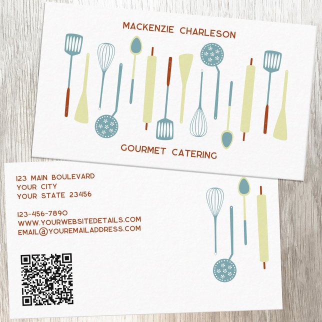 Carte De Visite Restauration Retro Kitchen QR Code (Retro kitchen utensils QR code catering cafe restaurant bakery custom business card)