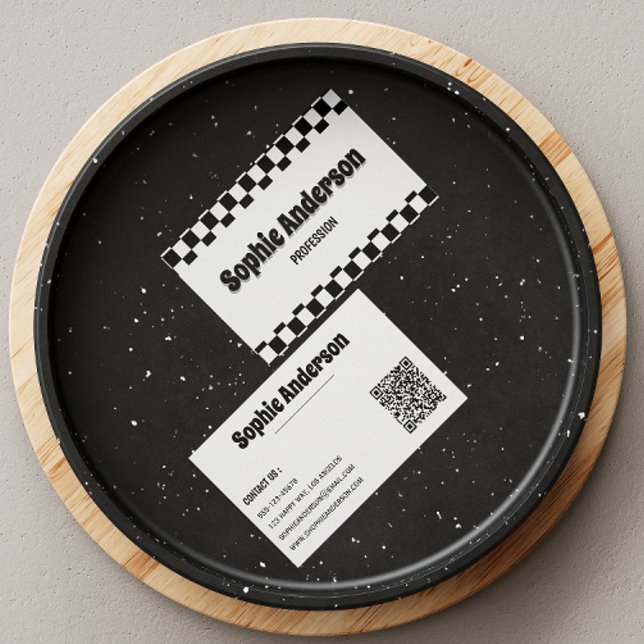 Carte de visite rétro à carreaux avec code QR (Créateur téléchargé)