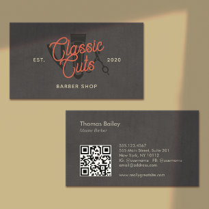 Carte De Visite Retro Barber Shop, Hair Stylist QR Code