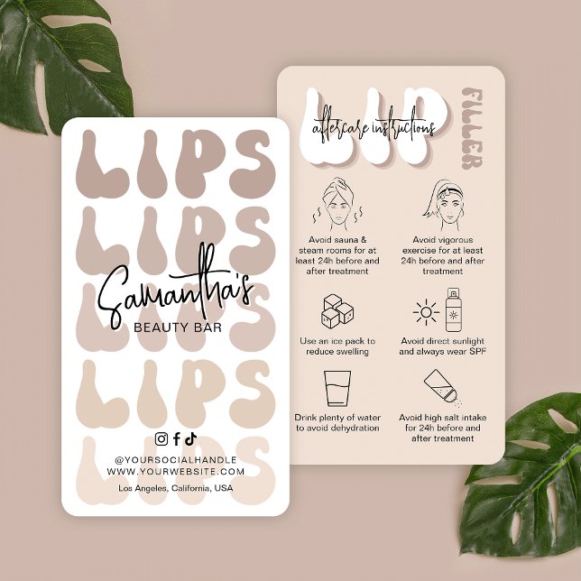 Carte De Visite Retro Beige Logo Lip Remplissage post traitement (Trendy lip filler aftercare instructions with retro fonts, care icons and space for your details)