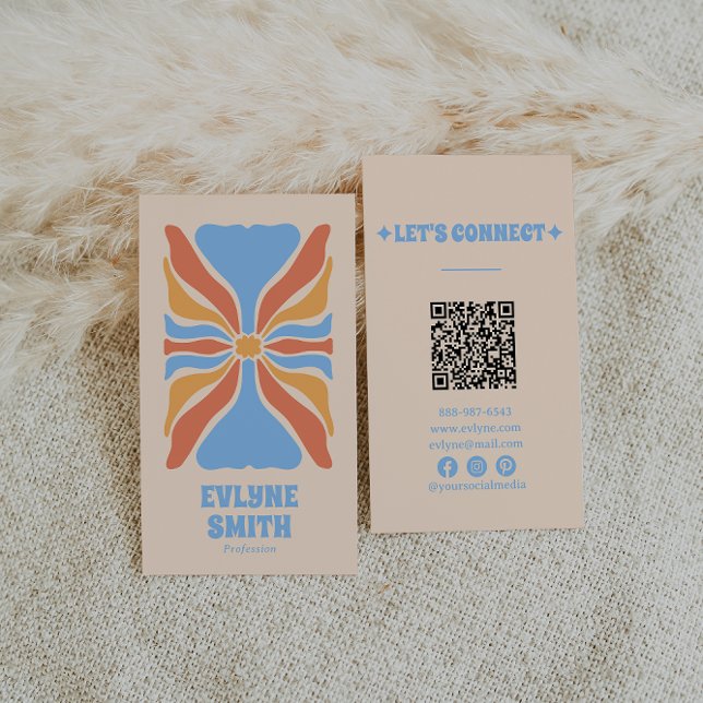 Carte De Visite Retro Blue Orange QR Code Super Floral Abstrait (Créateur téléchargé)