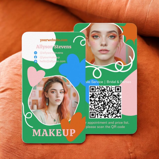 Carte De Visite Retro boho Maquillage formes beauté photo qr code (Retro boho Makeup beauty shapes photo qr code Business Card green)
