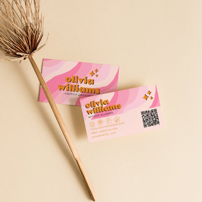 Carte De Visite Retro Bold Pink Orange QR Code Groovy Girly Unique (Créateur téléchargé)