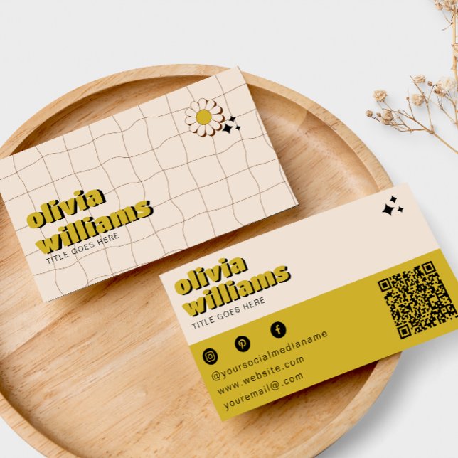 Carte De Visite Retro Bold Vert Fleur QR Code Boho Super (Créateur téléchargé)