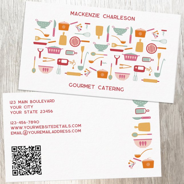 Carte De Visite Retro Catering Bakery code QR (Retro kitchen utensil QR code catering, bakery, cafe, cook or chef business card)