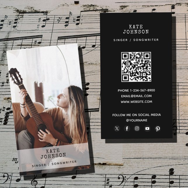 Carte De Visite Retro Chanteur Musicien Photo Musicien moderne Noi (Retro Singer Musician Photo Modern Musical Black Business Card)