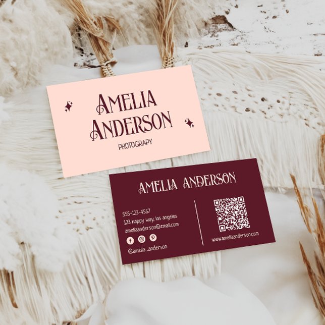 Carte De Visite Retro Elegant Blush & Burgundy Qr Code (Créateur téléchargé)