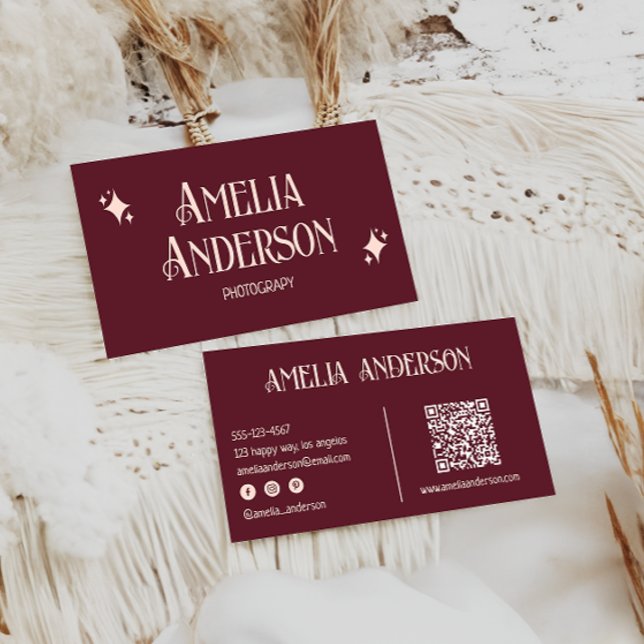 Carte De Visite Retro Elegant Blush & Burgundy Qr Code (Créateur téléchargé)