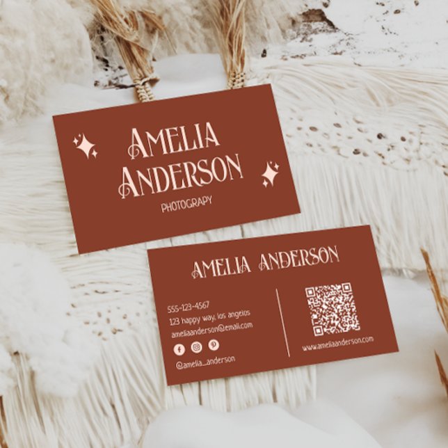 Carte De Visite Retro Elegant Blush & Terracota Qr Code (Créateur téléchargé)