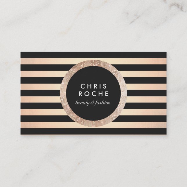 Carte De Visite Retro Glam Rose Gold et Black Stripes (Devant)