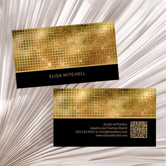 Carte De Visite Rétro Gold Disco Ball Mirror | Code QR (A glam, retro and disco-ball inspired black and gold business card, with scannable QR code)