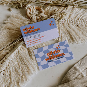 Carte De Visite Rétro Gras Bleu Orange Groovy À Carreaux Unique Am