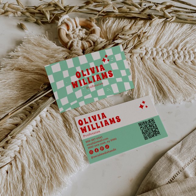 Carte De Visite Retro Green Bold Super À damiers Funky QR Code (Créateur téléchargé)
